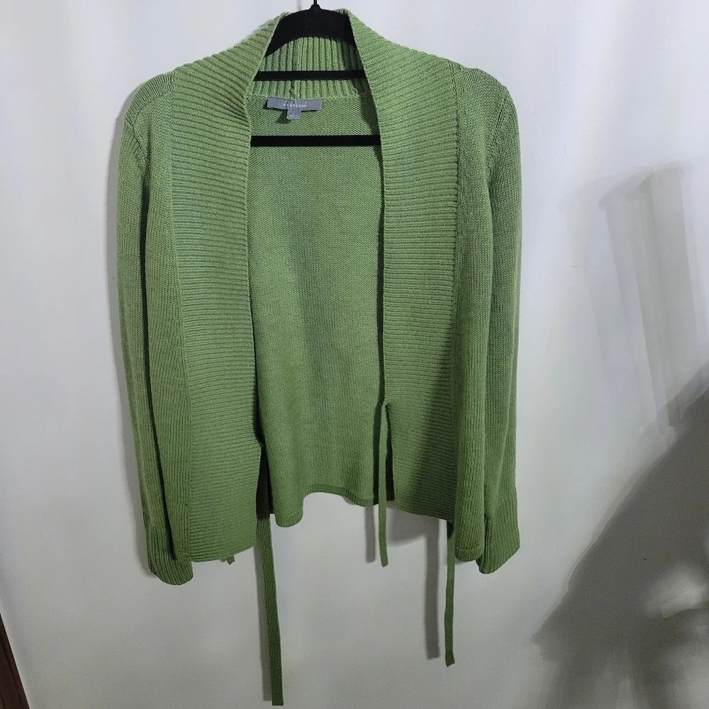 At Studio Soft Green 100% Extrafine Merino Wool Open Front Tie Cardigan, Size M - Picture 1 of 5